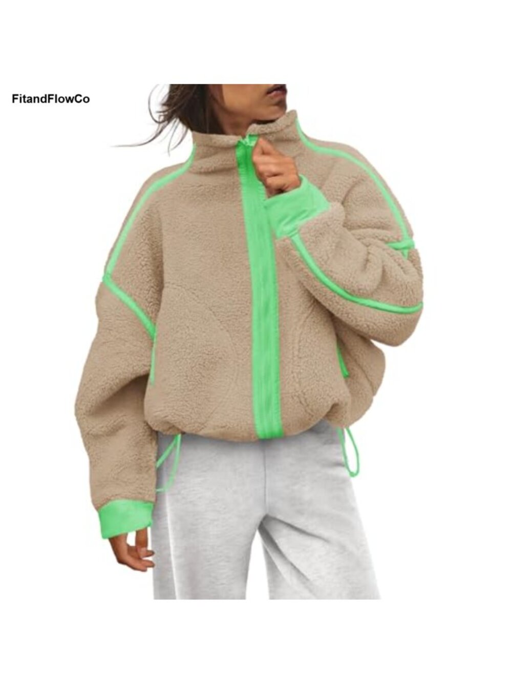 Women's Sherpa Fleece Zip Up Jacket Striped Loose Fit Winter Coat